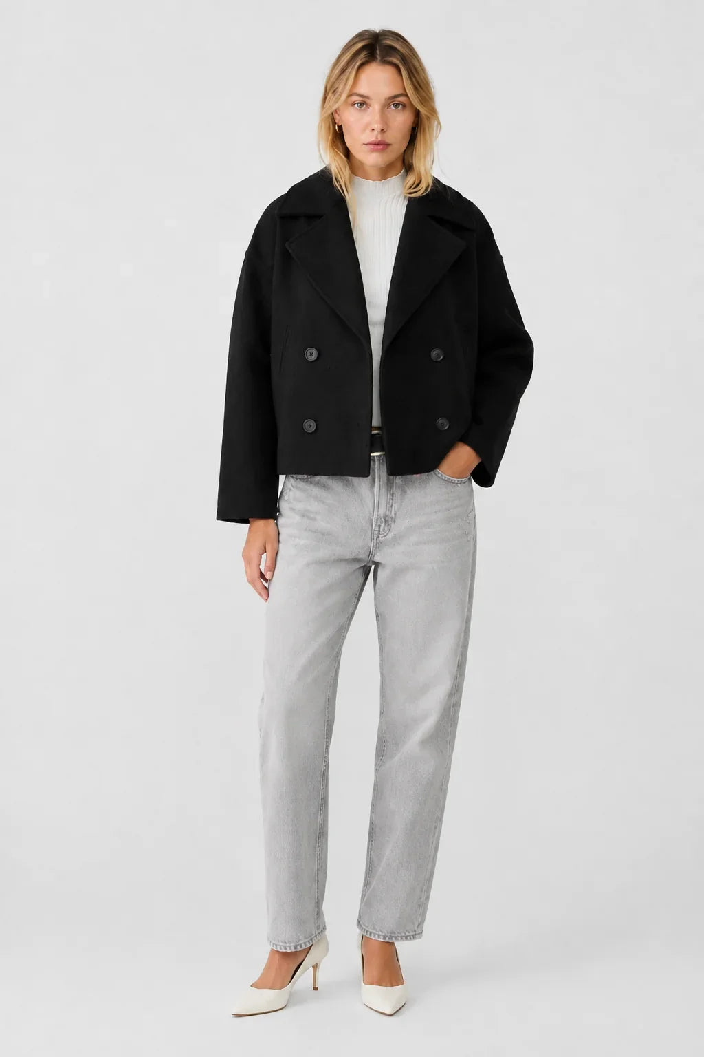 Women's Cropped Wool Blend Pea Coat – Button Front