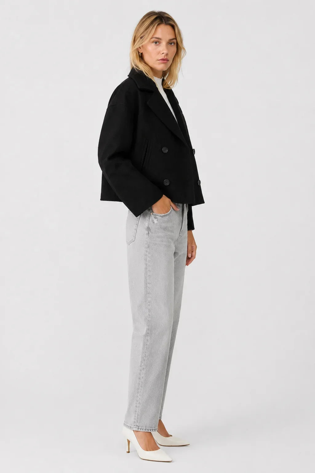 Women's Cropped Wool Blend Pea Coat – Button Front