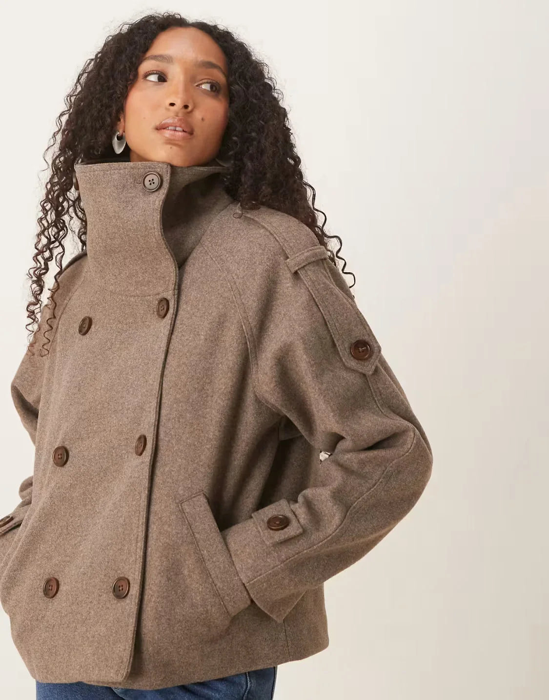Women's Double-Breasted Pea Coat – Wide Collar Belted