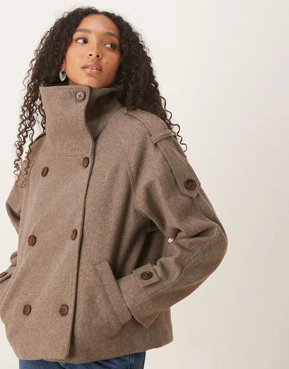 Women's Double-Breasted Pea Coat – Wide Collar Belted