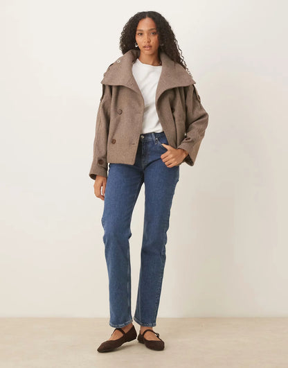 Women's Double-Breasted Pea Coat – Wide Collar Belted