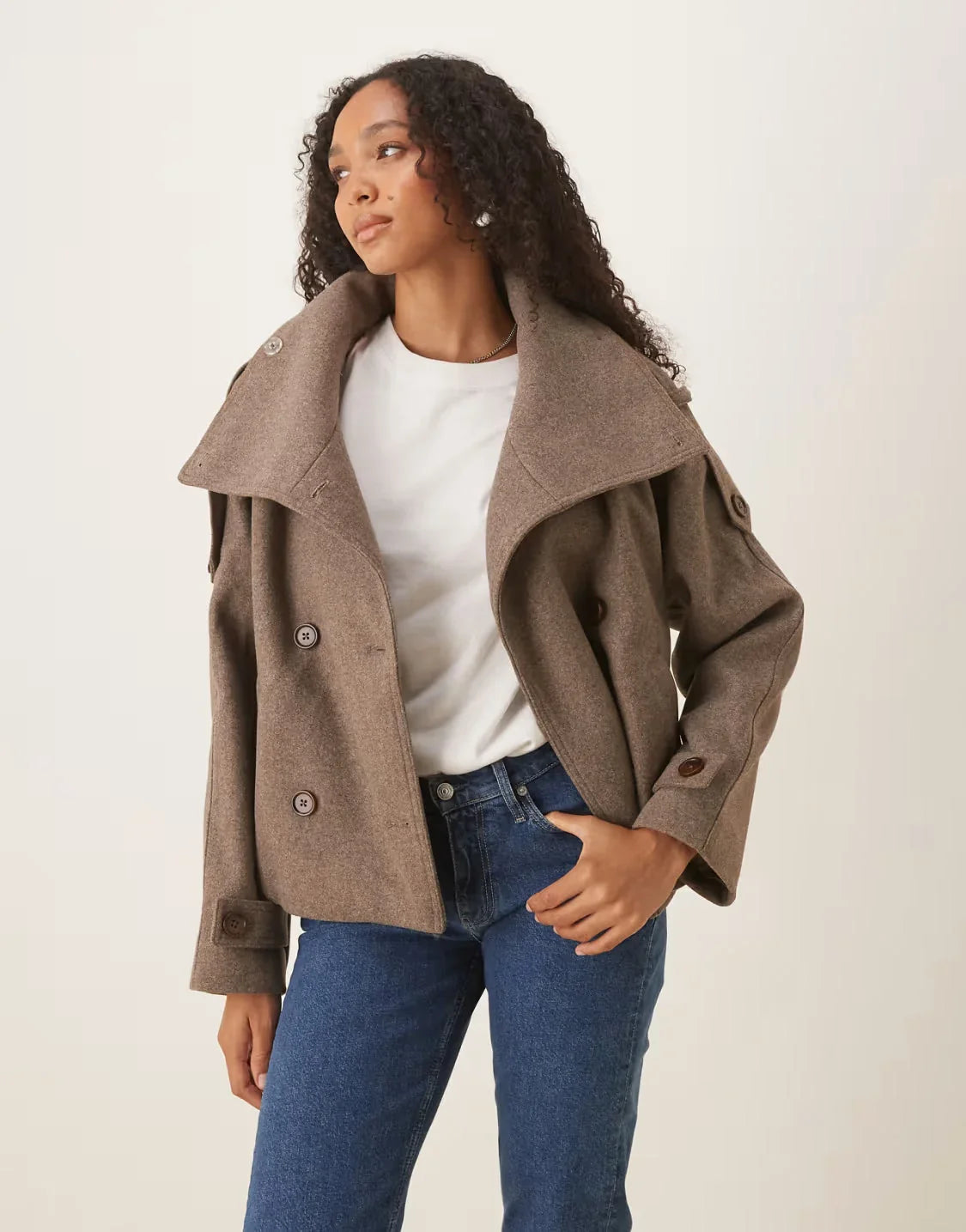 Women's Double-Breasted Pea Coat – Wide Collar Belted