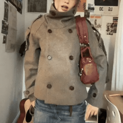 Women's Double-Breasted Pea Coat – Wide Collar Belted