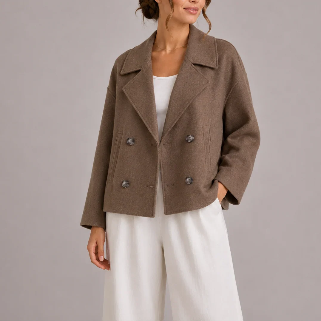 Women's Cropped Pea Coat - Double Breasted Winter Jacket