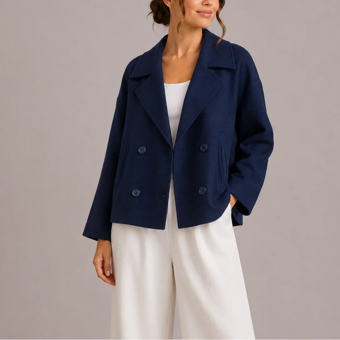 Women's Cropped Pea Coat - Double Breasted Winter Jacket