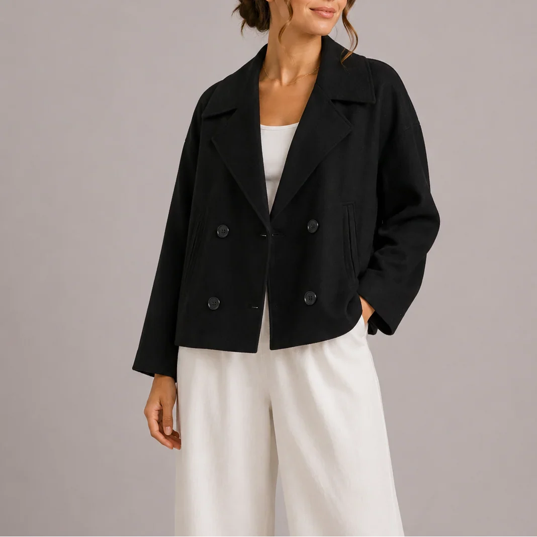 Women's Cropped Pea Coat - Double Breasted Winter Jacket