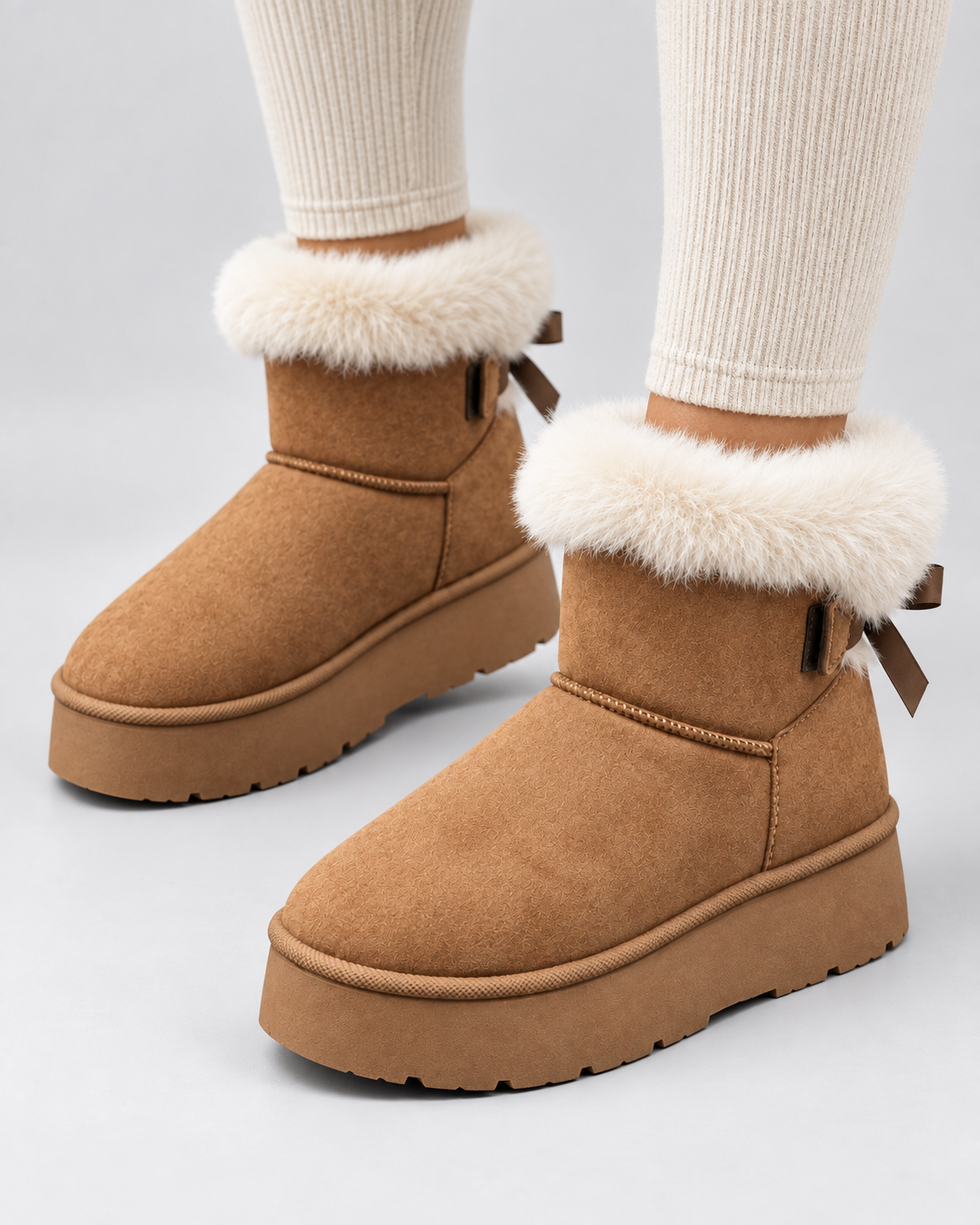Women's Platform Snow Boots - Suede Look Fur Cuff