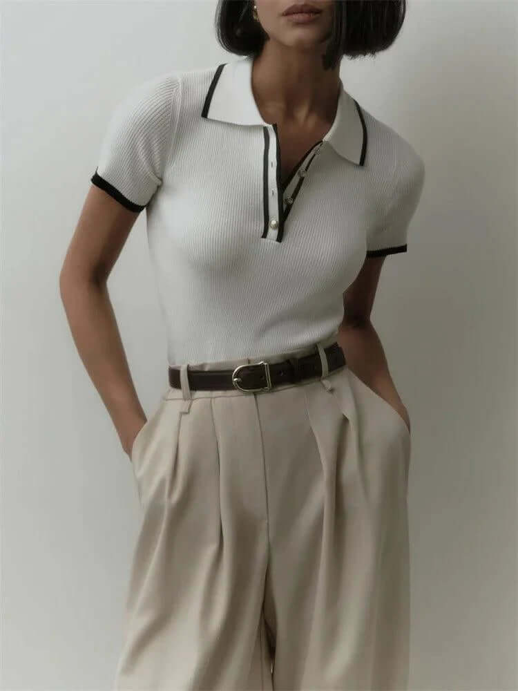 Women's Ribbed Knit Polo Shirt – Short Sleeve