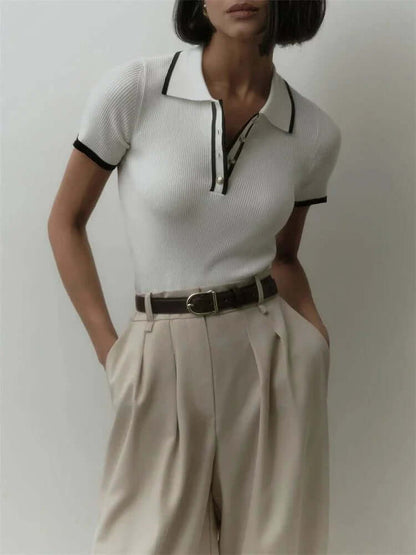 Women's Ribbed Knit Polo Shirt – Short Sleeve