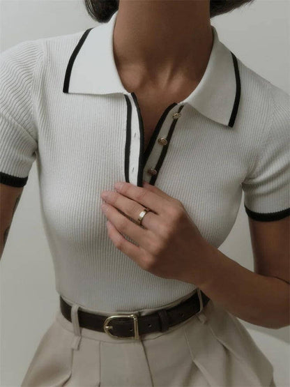 Women's Ribbed Knit Polo Shirt – Short Sleeve
