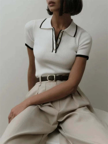 Women's Ribbed Knit Polo Shirt – Short Sleeve