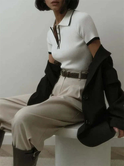 Women's Ribbed Knit Polo Shirt – Short Sleeve