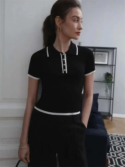 Women's Ribbed Knit Polo Shirt – Short Sleeve