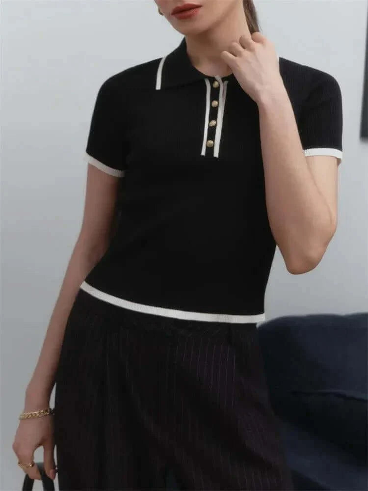 Women's Ribbed Knit Polo Shirt – Short Sleeve