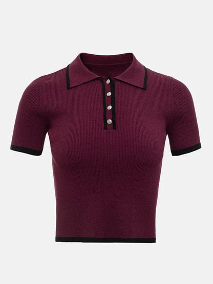 Women's Ribbed Knit Polo Shirt – Short Sleeve