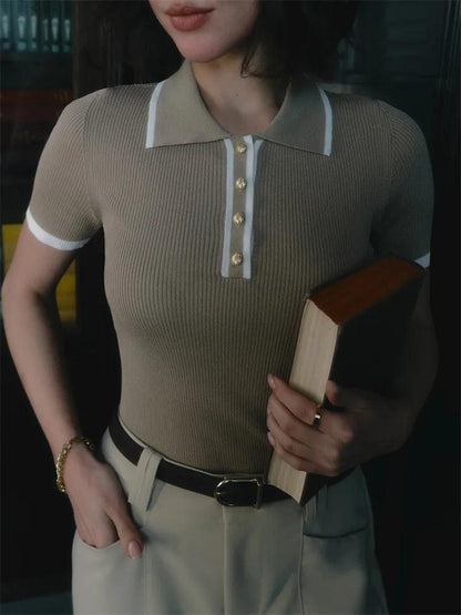 Women's Ribbed Knit Polo Shirt – Short Sleeve