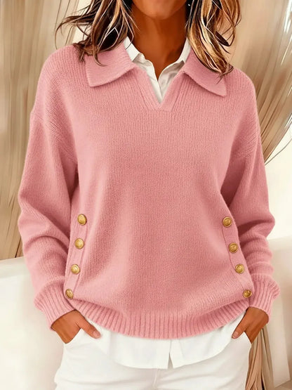 Women's Button-Front Polo Sweater – Fold-Over Collar