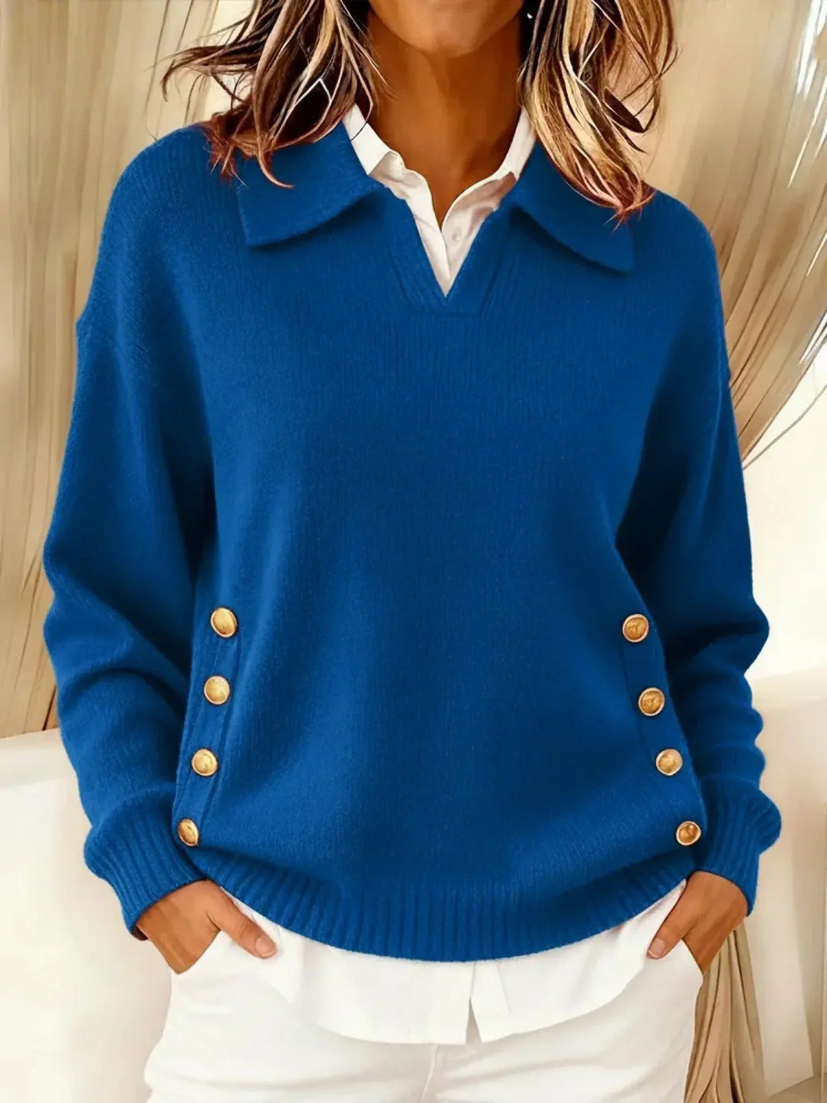 Women's Button-Front Polo Sweater – Fold-Over Collar