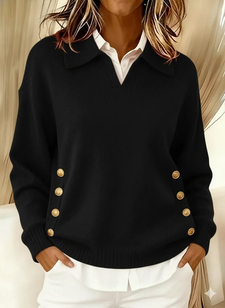 Women's Button-Front Polo Sweater – Fold-Over Collar