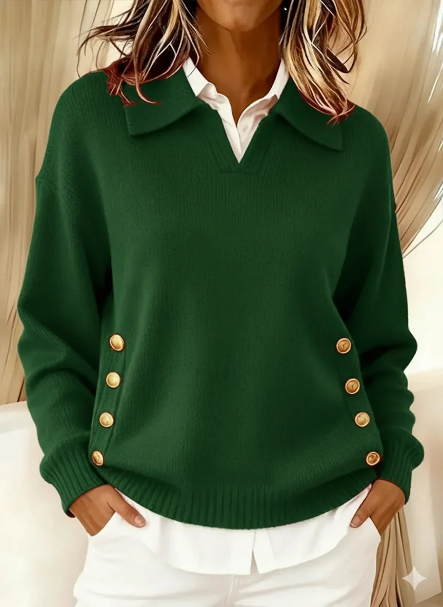 Women's Button-Front Polo Sweater – Fold-Over Collar