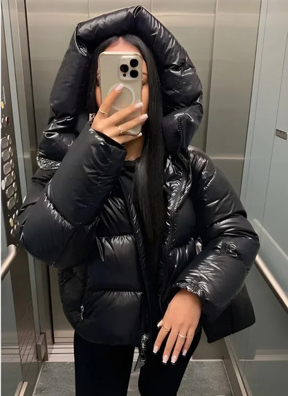 Women’s Hooded Puffer Jacket - Lightweight Shiny Winter Coat