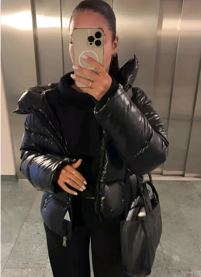Women’s Hooded Puffer Jacket - Lightweight Shiny Winter Coat