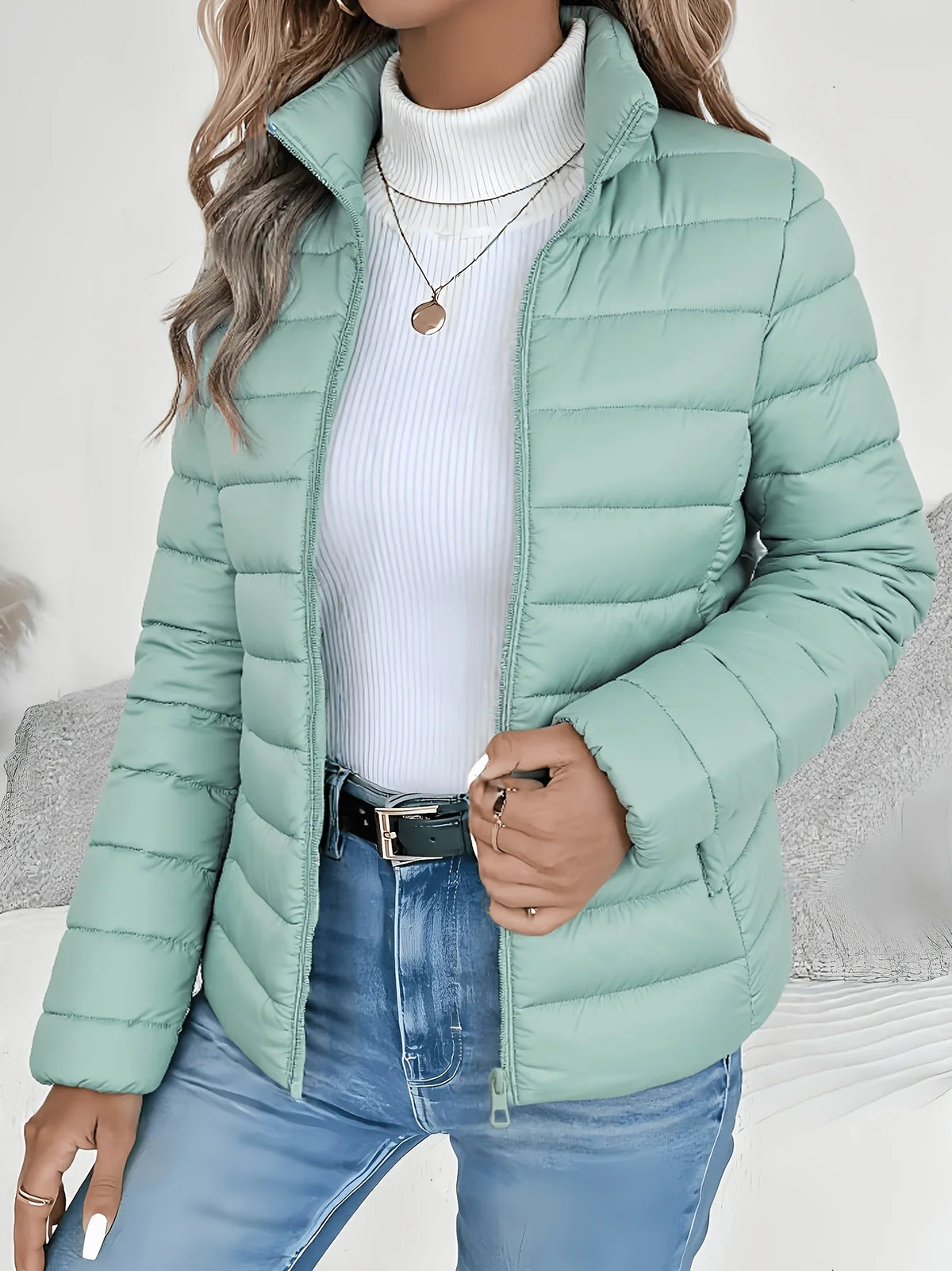Women's Lightweight Puffer Jacket – Stand Collar Zip-Up