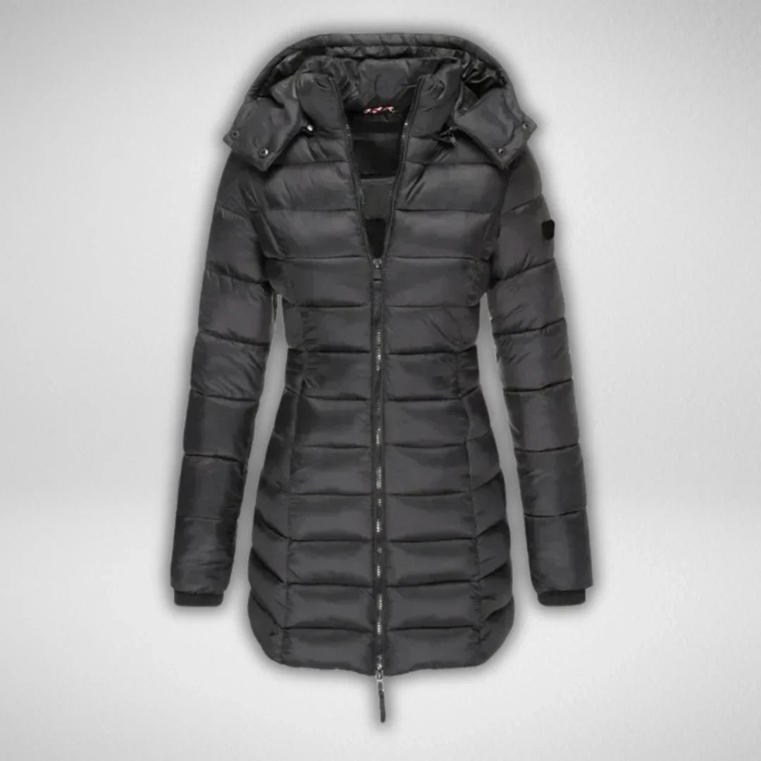 Women's Long Puffer Coat – Detachable Hood, Full-Zip
