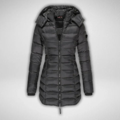 Women's Long Puffer Coat – Detachable Hood, Full-Zip