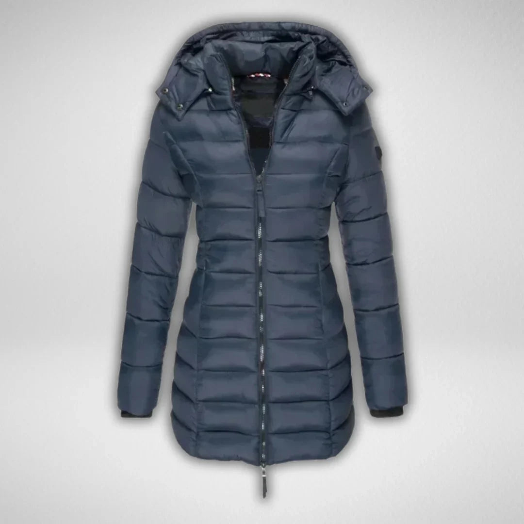 Women's Long Puffer Coat – Detachable Hood, Full-Zip
