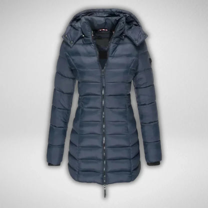 Women's Long Puffer Coat – Detachable Hood, Full-Zip