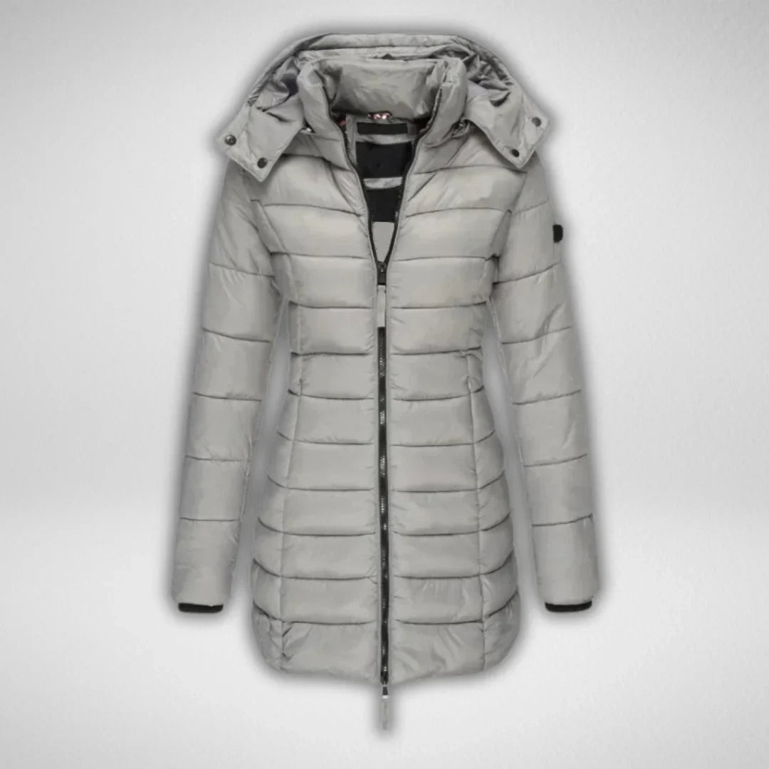 Women's Long Puffer Coat – Detachable Hood, Full-Zip