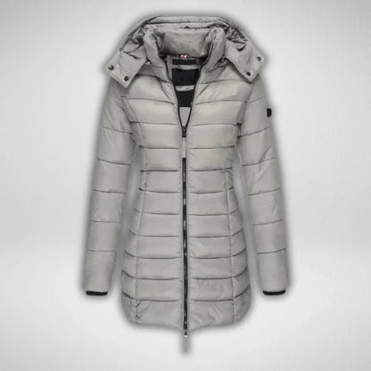 Women's Long Puffer Coat – Detachable Hood, Full-Zip