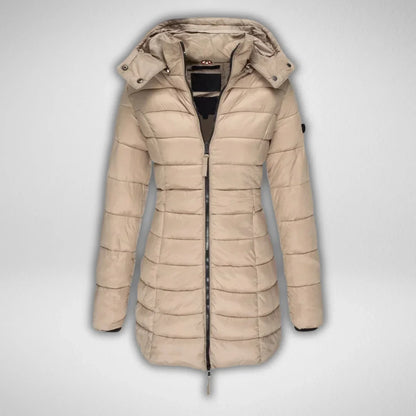 Women's Long Puffer Coat – Detachable Hood, Full-Zip