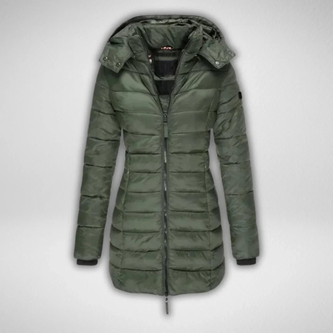 Women's Long Puffer Coat – Detachable Hood, Full-Zip