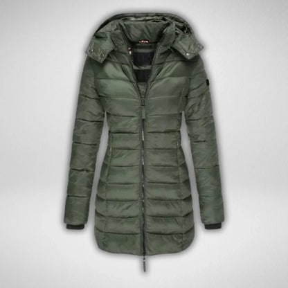 Women's Long Puffer Coat – Detachable Hood, Full-Zip