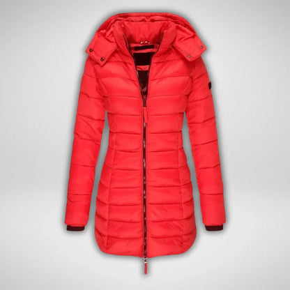 Women's Long Puffer Coat – Detachable Hood, Full-Zip