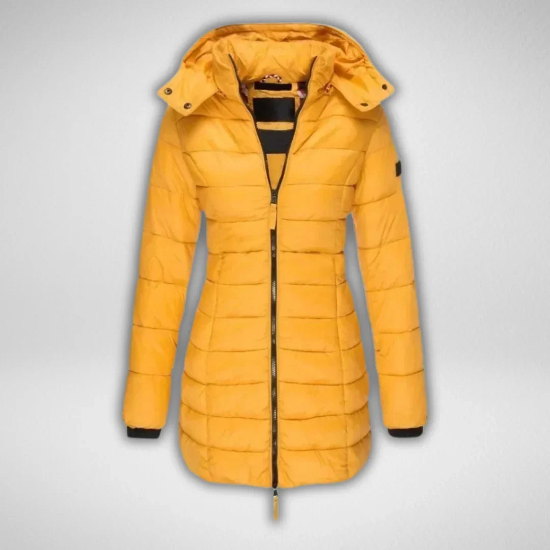 Women's Long Puffer Coat – Detachable Hood, Full-Zip