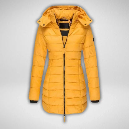 Women's Long Puffer Coat – Detachable Hood, Full-Zip