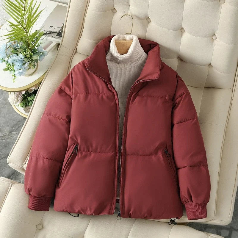 Women's Quilted Puffer Jacket – Stand Collar Zip-Up
