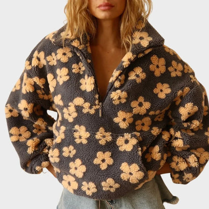 Women's Floral Plush Quarter-Zip Sweater – Long Sleeve
