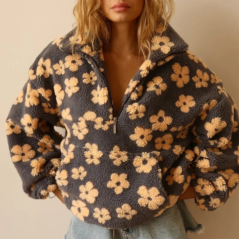 Women's Floral Plush Quarter-Zip Sweater – Long Sleeve