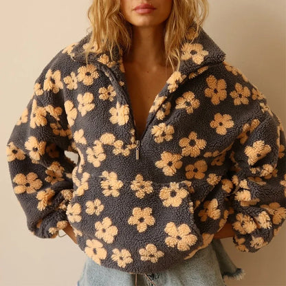 Women's Floral Plush Quarter-Zip Sweater – Long Sleeve
