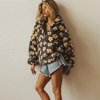 Women's Floral Plush Quarter-Zip Sweater – Long Sleeve