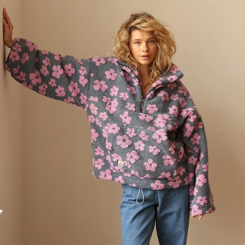 Women's Floral Plush Quarter-Zip Sweater – Long Sleeve