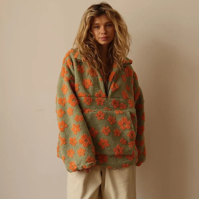 Women's Floral Plush Quarter-Zip Sweater – Long Sleeve
