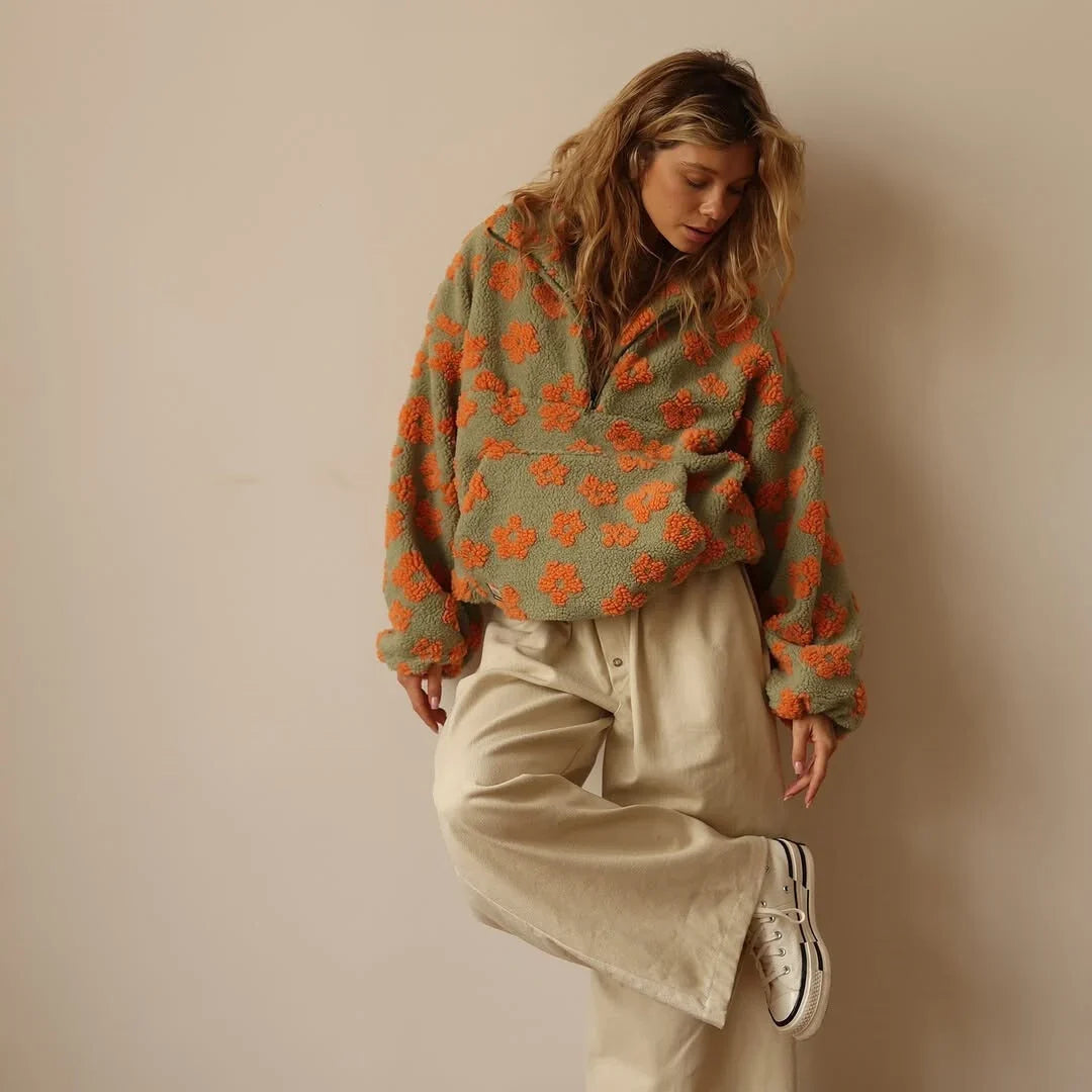Women's Floral Plush Quarter-Zip Sweater – Long Sleeve