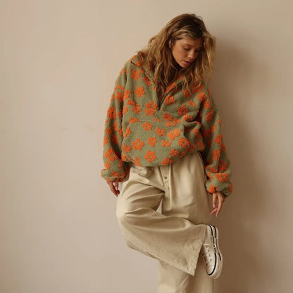 Women's Floral Plush Quarter-Zip Sweater – Long Sleeve