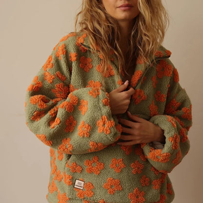 Women's Floral Plush Quarter-Zip Sweater – Long Sleeve