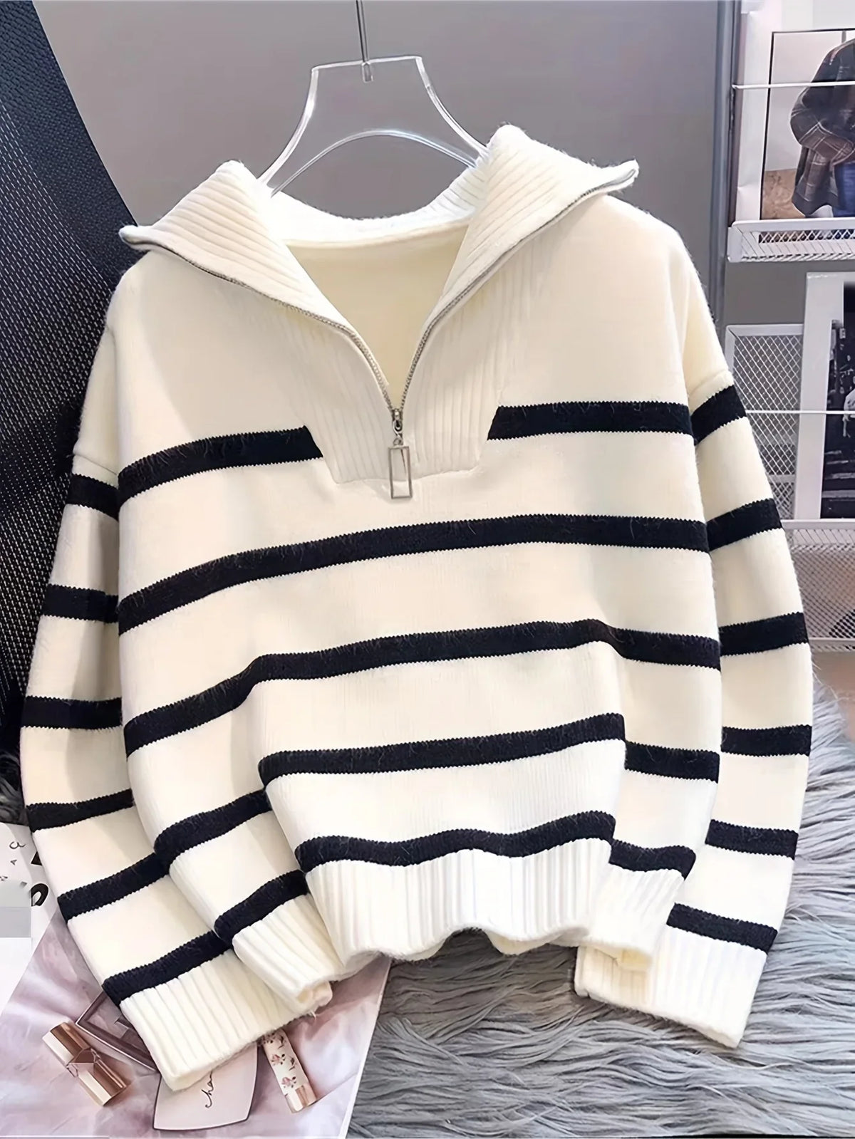 Women's Striped Quarter-Zip Sweater – Ribbed Knit